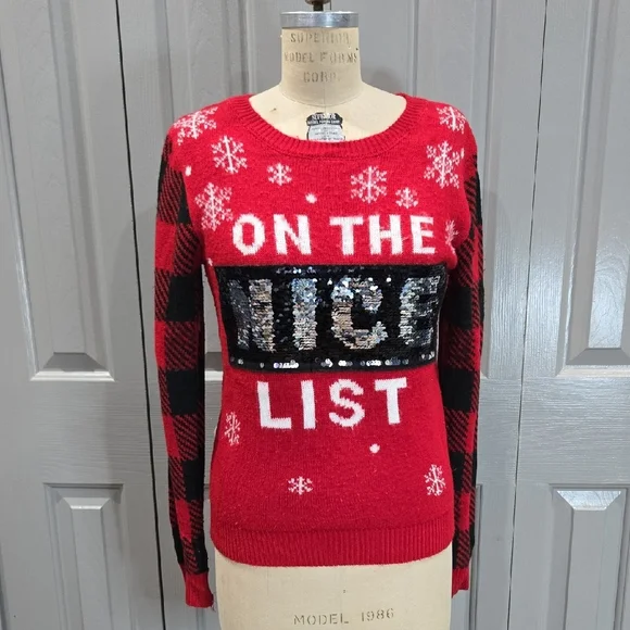 RED AND BLACK NICE AND NAUGHTY LIST SWIPE REVERSIBLE CHRISTMAS SWEATER SIZE M - Picture 2 of 15